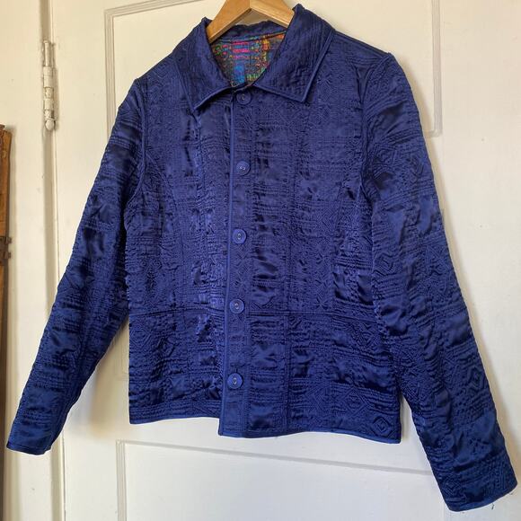 Fully Reversible Quilted Jacket Blue Design Bright Patterned Collared Button Up - Picture 1 of 9